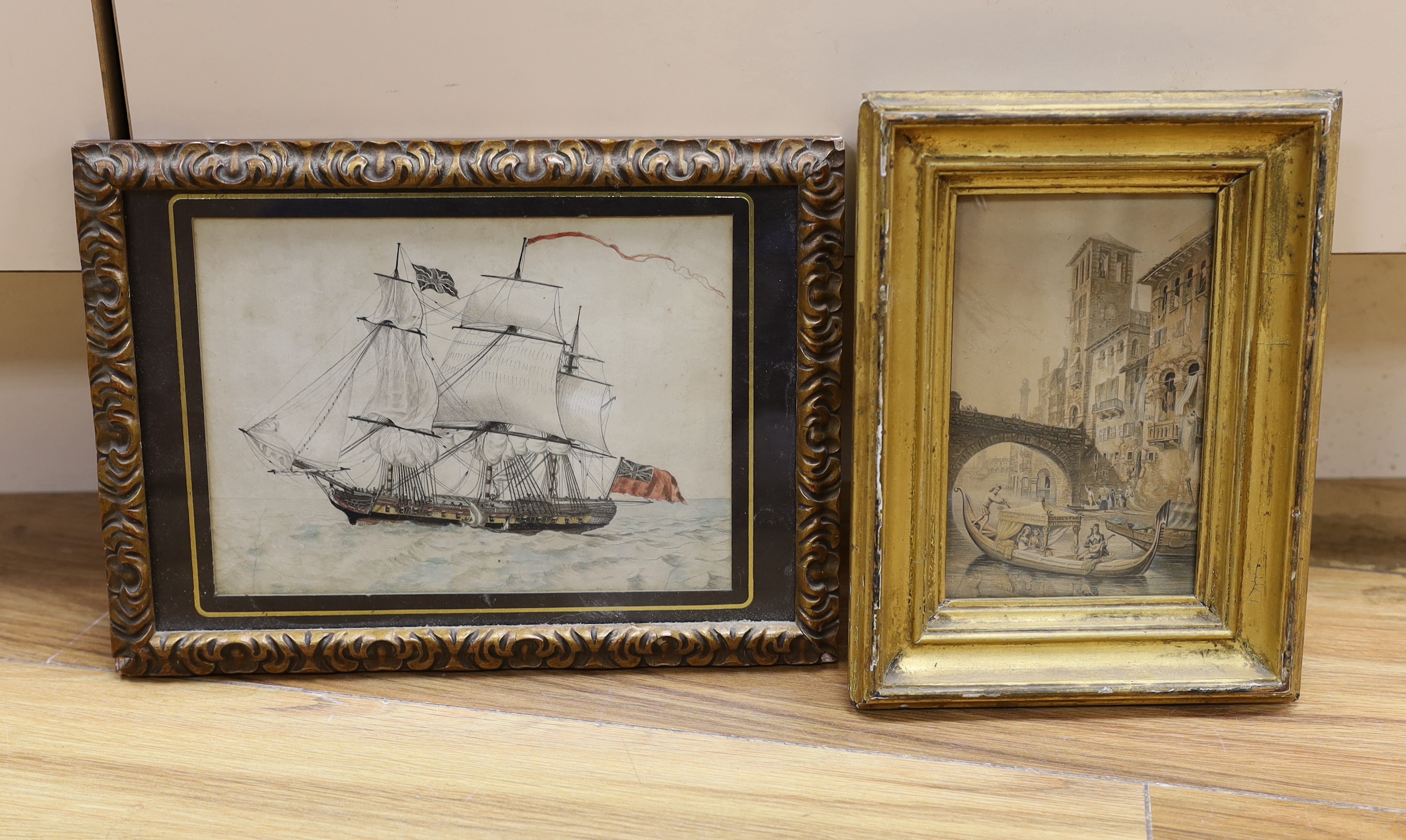 Two 19th century watercolours, Venice canal scene with gondolas and a Royal Navy ship in full sail, largest 27cm x 20cm